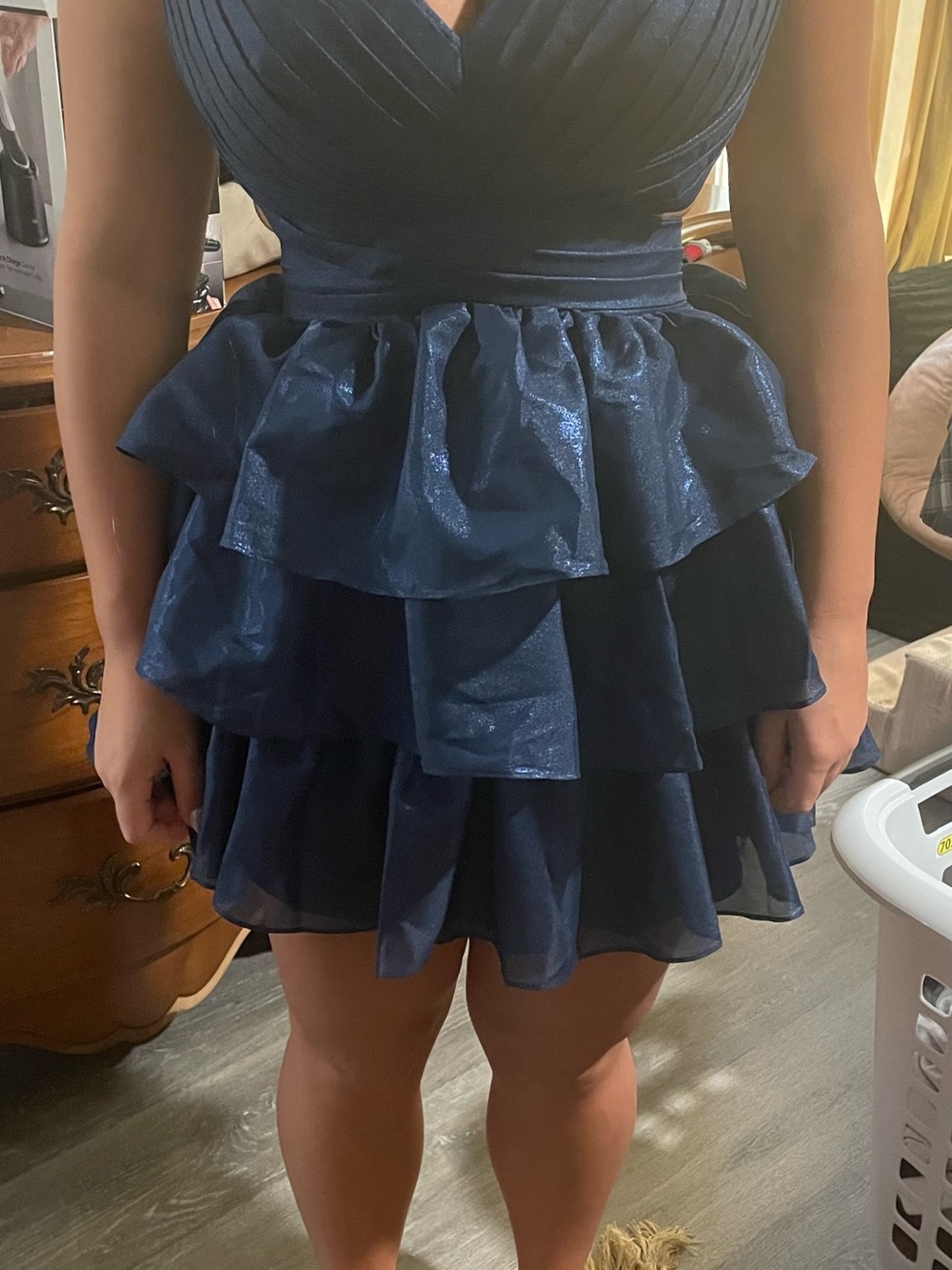 Stacees Navy Blue V-Neck Tiered Ruffle Mini Dress - Picture 4 of 7